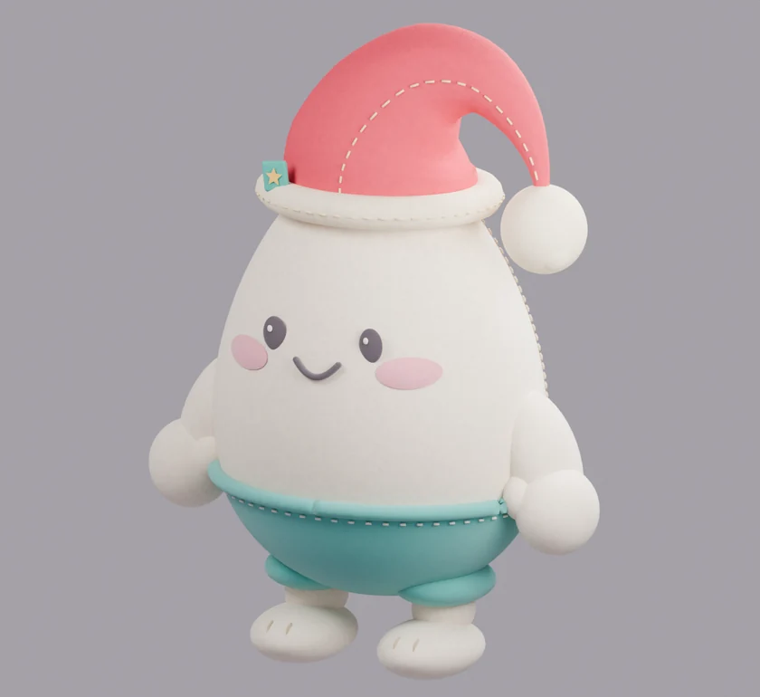 Design preview render of the current fleece Big Boy wearing the original sewn coral Santa hat