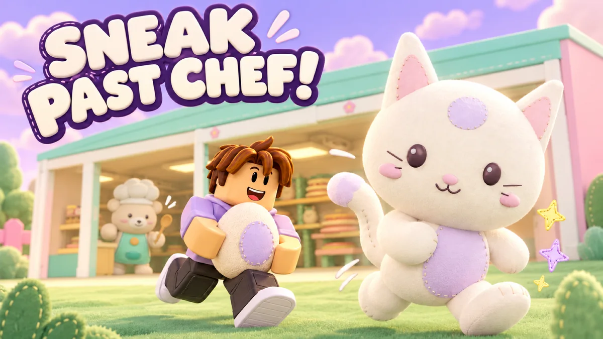 Illustration of Chef guarding the pantry, with pet eggs and a kitten