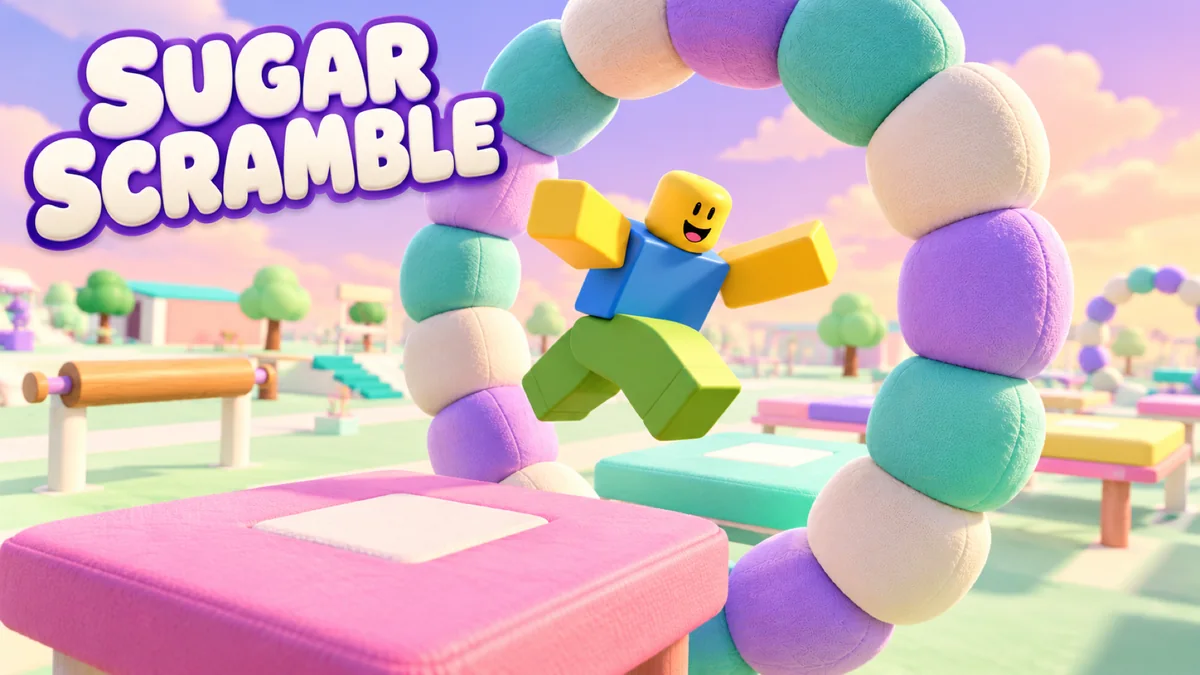 Illustration of Roblox players jumping across the cookie-and-donut Sugar Scramble course